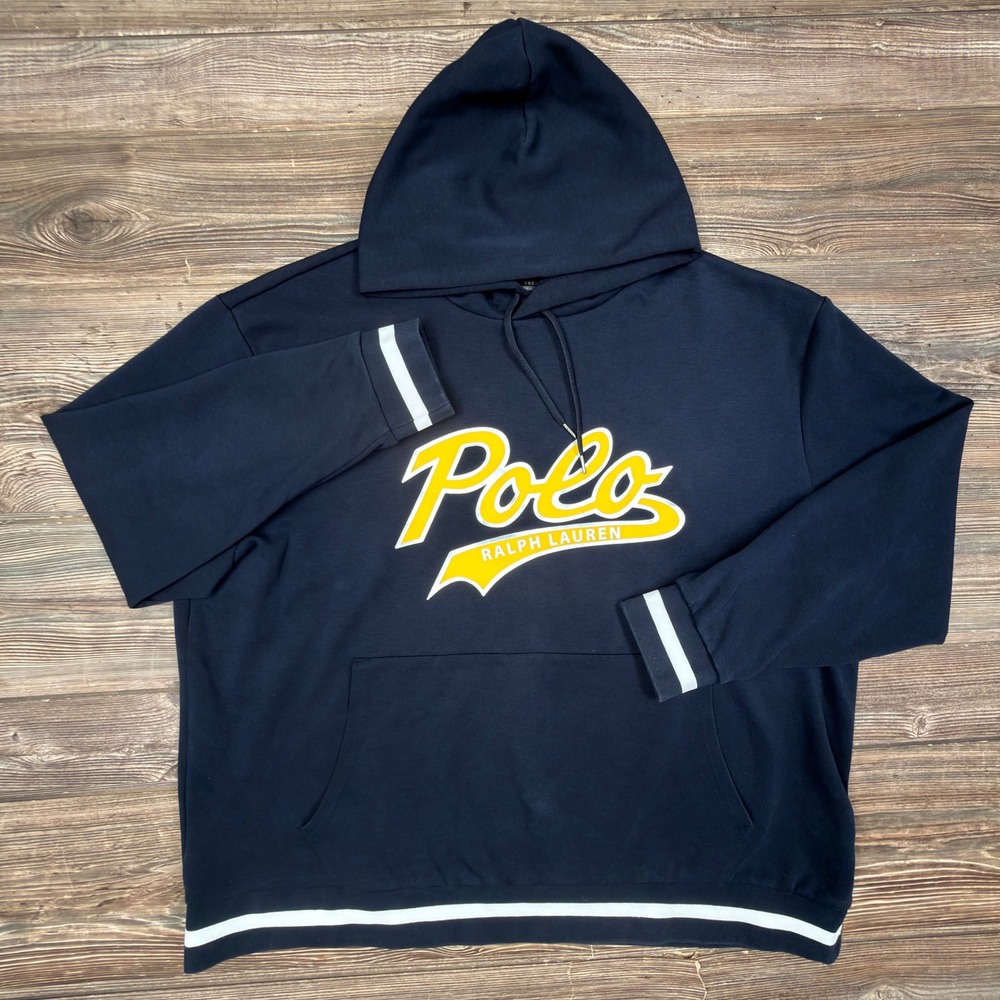 Polo Ralph Lauren Mens Size 2XB Hoodie Navy Blue Yellow Script Logo Pullover